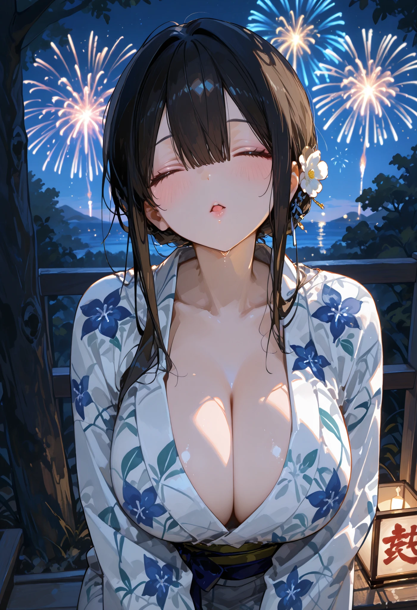 highest quality、High resolution、detailed background、clearな10代の美少女、clear、(huge breasts:1.5)、(night view、firework、from the top of the pleasure boat:1.2)、Look at me happily、
Yukata with bright colors and patterns、pink or light blue cherry blossom pattern、cute hairstyle、tie hair、bun hair、emphasize the chest、emphasize cleavage