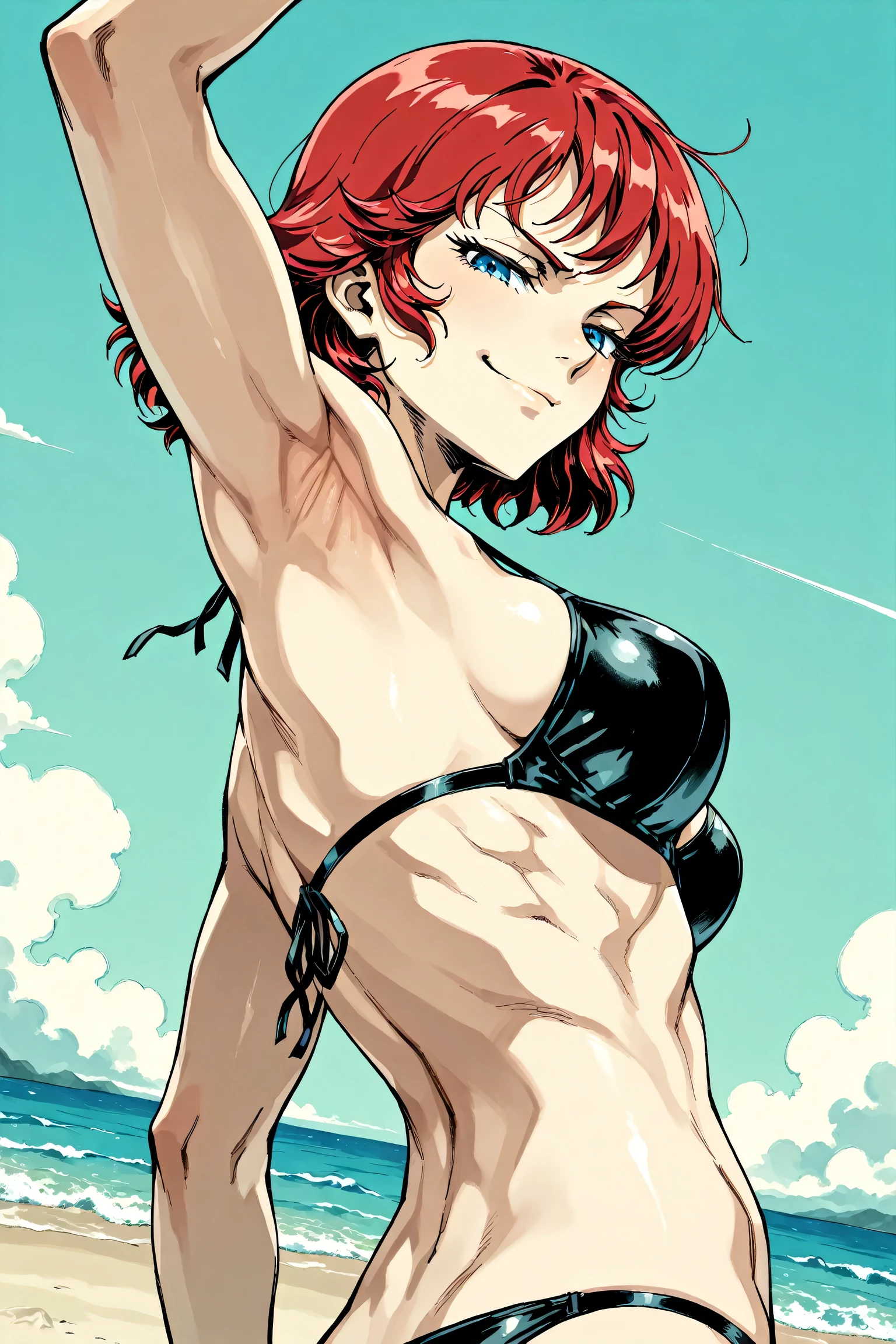 original-art, inked, lineart, best quality, masterpiece, 1girl, mature girl, muscular woman, frankie foster <lora:frankie_foster:0.8>, short red hair, choker, bodybuilding <lora:DoubleThickV2:0.8>, <lora:GoodHands-vanilla:1>, corruption, evil smile, half-closed eyes <lyco:CORRUPTIONV2.1:0.6>, beach background, beach clothes, sweating