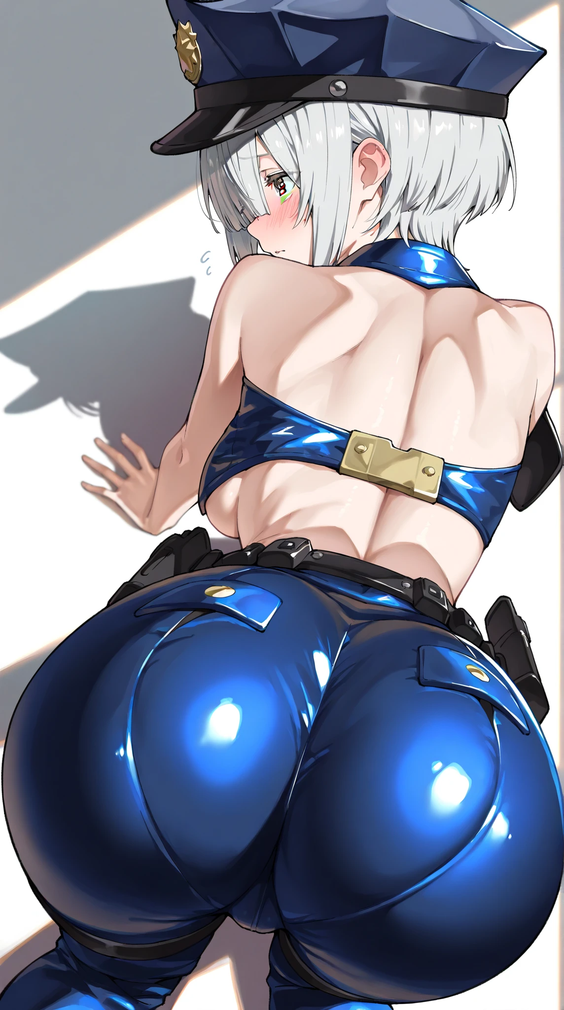 An image in high resolution captures a woman with a mischievous expression, short blond hair framing her face, captivating very blue eyes, and a seductive smile. (((She have a big ass and she is on all four))). (((Emphasis on the pussy))). Her name is Yuzuhira
