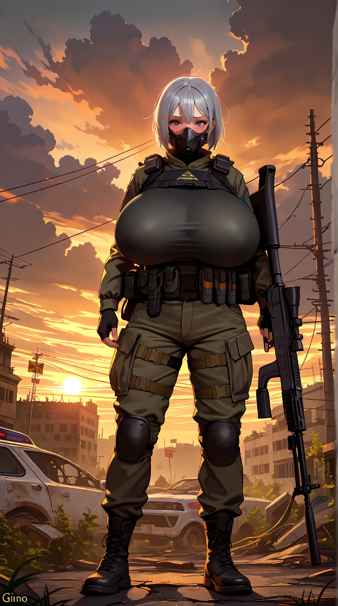 A bald head obese Indonesian man with glasses and clean face, wearing a mecha suit, walks holding a rifle amidst war-torn ruins filled with fire. This photo's creativity captivates by blending traditional and futuristic elements, creating a striking and meaningful visual.