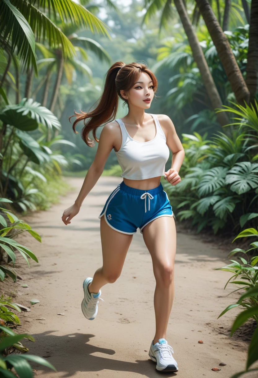 (8k, masterpiece, best quality, ultra high resolution, photorealistic: 1.2), (mountain landscape, running on dirt paths in the forest), 1girl: 1.3, solo, full body, (18 years old, very cute Japan woman, very detailed face: 1.9), (blue running shorts: 1.3), small face, fine hands, medium breasts, brown hair, (fine lips, lip gloss: 1.3), Wet with sweat (white long tank top: 1.5), subject depth, symmetry, sharp focus, sunset, bracelet, bright lighting, shy smile, looking at camera