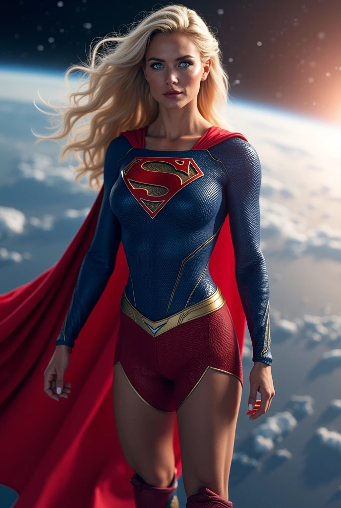 Supergirl in action pose, perfect costume, smooth curves, beautiful face, space and planets in background