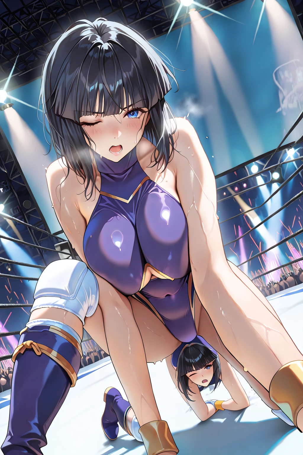 Male and female couples、((Woman clothed))、((professional wrestling、audience))、((Professional wrestler and muscular man))、Professional wrestler man has a big body、A man from a professional wrestler is attacking a woman、((Insults))、(NSFW:1.5)、Beauty busty woman、Woman on her knees、Woman is riding on a professional wrestler man's body、Professional wrestler man pulling on women's arms、A professional wrestler man's crotch is in close contact with a woman's crotch、Professional wrestler man and woman are having sexual intercourse in cowgirl position、sex、lascivious、sexual act、((A Professional wrestler man inserts his penis into a woman's vagina))、((Women get scared))、Women suffer、(Woman is crying:1.2)、Woman is blushing、Woman panting、Women are cumming because they feel good、The man has a serious face、a woman sweats profusely、Semen is pouring into the vagina