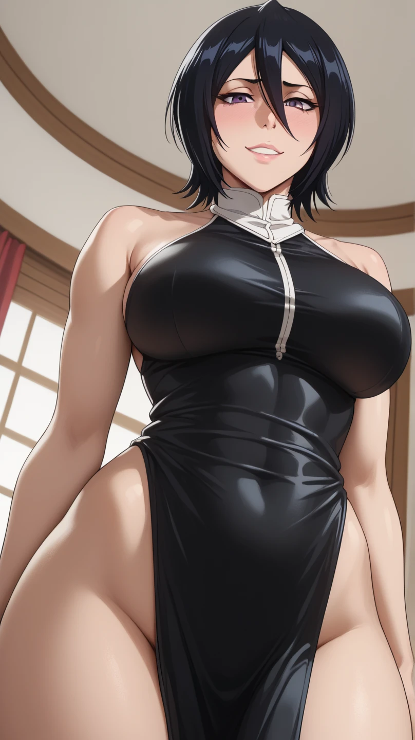 1girl, breasts, red_eyes, jewelry, mole_under_eye, earrings, solo, mole, sideboob, thighs, looking_at_viewer, large_breasts, bare_shoulders, thick_thighs, wide_hips, white_background, dress, pelvic_curtain, arms_behind_back, black_hair, bow, bowtie, blush, short_hair, red_dress, mature_female, simple_background, curvy, black_bow, brown_hair, sash, closed_mouth, black_bowtie, groin, sleeveless, bangs