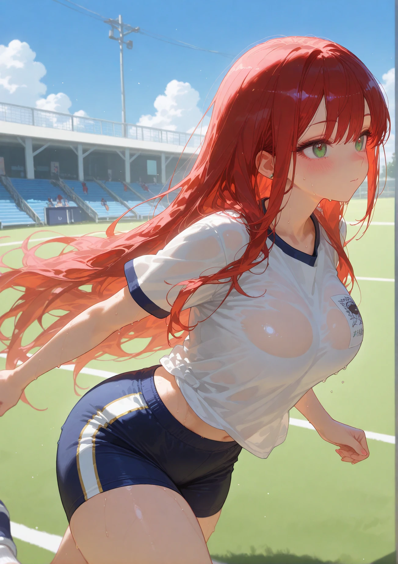 nsfw, masterpiece, 1 girl, ((topless)), intricately detailed, navel, necklace, sweaty, orange hair, jogging pants, smiling, extremely detailed, photorealistic, octane render, 8 k, unreal engine., bare breasts, bare stomach, beautiful face, small breasts, ((flat chest)), silence_suzuka \(umamusume\), stretching, horse ear, horse tail, bare shoulders, nipples, nude, different pose, open mouth, blushing, racetrack, people on background, oval field, track and field, cowboy shot, slim, thin,
