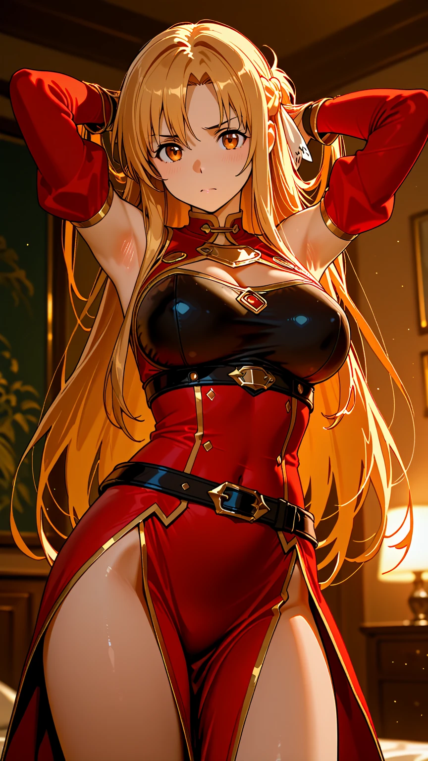 Beautiful blonde with tied hair, blue eyes and big breasts,red headband,cleavage,golden armor,red dress,Bare Legs,Standing,red sword,red rose petals,flame