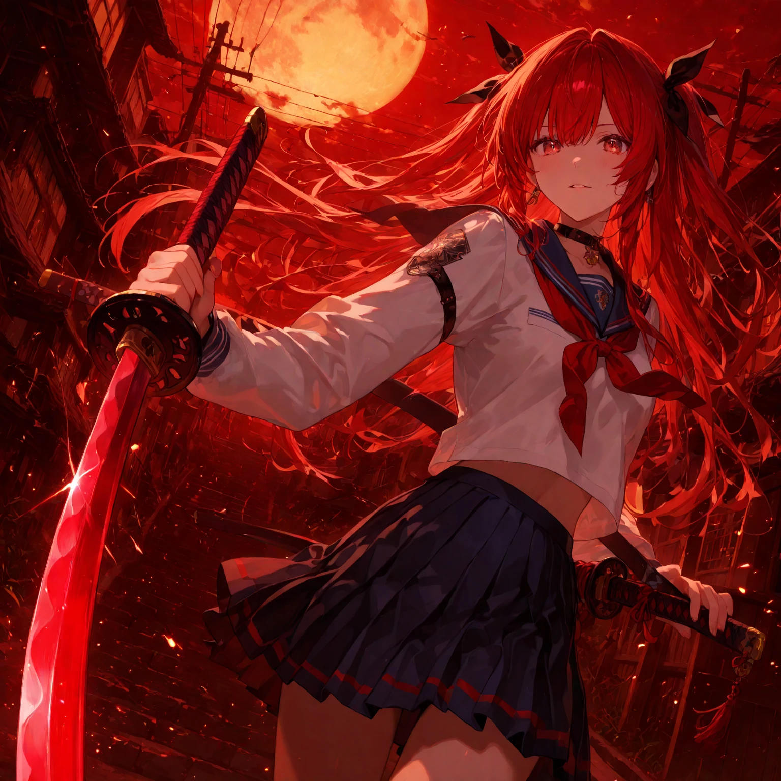 satou matsuzaka, pink hair, long hair, pink eyes, hair buns, double buns, school uniform, ((((red moon)))), green skirt, white shirt, yandere, (((knife))), blood, dark forest, (((holding knife))), hair ribbon, dark night, dark, red color, red lights, some blood, ((more blood)), large breasts, (((see-through))), knife in hand, long knife, holding, big thighs
