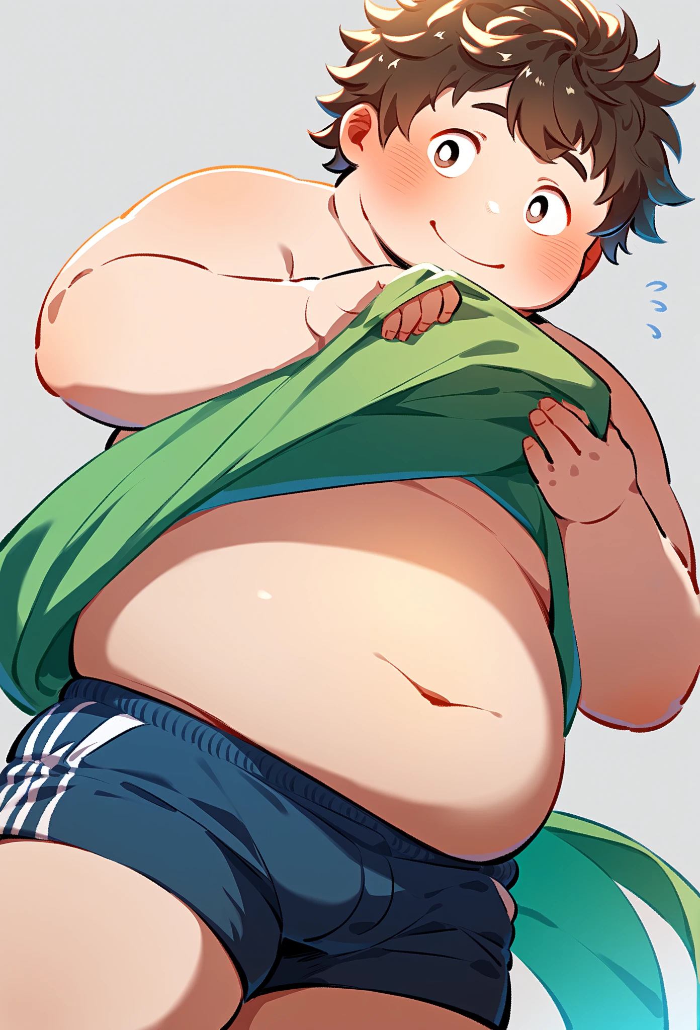 beautiful, (chubby), (very short hair), (pudgy face), (naughty), ((high school students!), (handsome), (thick), (overweight), beefy, (cute), (little brat), (naughty brat), (へそ), ぽっちゃりした体, (big belly), 汗ばんだ体, (臭そうな体), (naked), (nude)