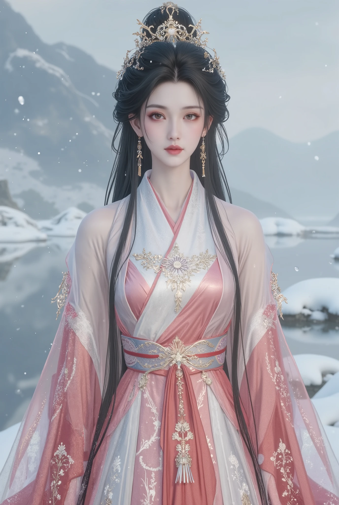 lz. REALISTIC PORTRAIT OF ASIAN WOMEN,long hair, Pale skin, Hanfu, snow