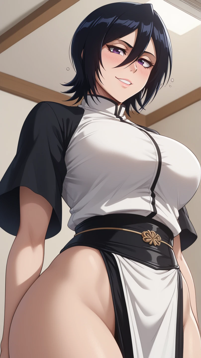 masterpiece,best quality,1girl,solo,black hair,mature female,breasts,large breasts,black eyes,short hair,looking at viewer,cleavage,lips,<lora:Hisho-004-000011:0.8>,,(court background:1.2),(hakama short skirt :1.2), (Mimicking a boxer's pose :1)
