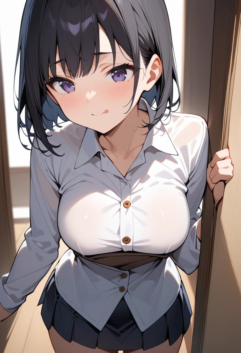 1girl, school uniform, long sleeved white shirt with a pocket, undressing, open shirt, unbuttoned shirt, white bra, medium breast, undressing, shirt tucked down, gray skirt, short hair, black hair, brown eyes, cowboyshot, solo, bedroom, looking at the viewer
