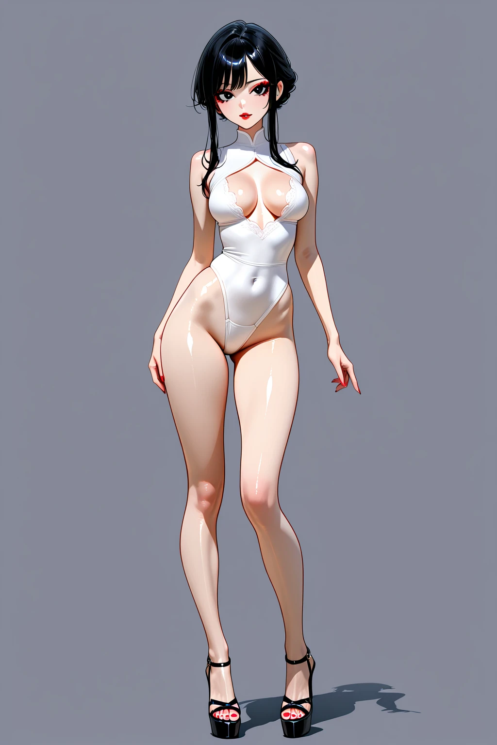 pink hair, (short bangs hair:1.36), detailed yellow eyes, narrow waist, depth of field, 1girl, (on a   background:1.3), (full body:1.4), pose, big breasts, wide hips, athletic figure, ((thigh cutout:1.3):1.2), (((tanned skin))),