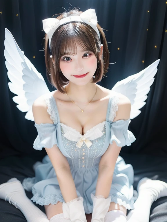 sexy，light blue short hair，beth，girl，bikini briefs，White lace stockings，sweet  happy smile，Maid outfit，angel，wings，cute，preety，fairy，Fox ears，cat tail，white dress, blue eyes，kneel down，bed
