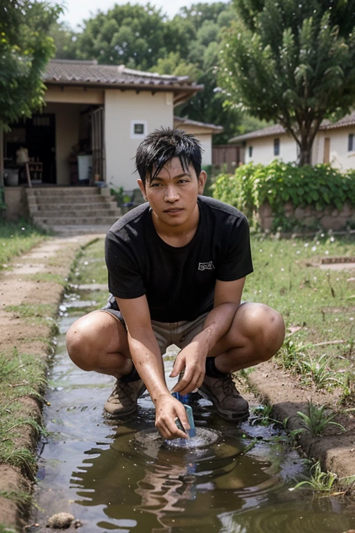 Teen in white polo tucked in black pants crawling in mud 