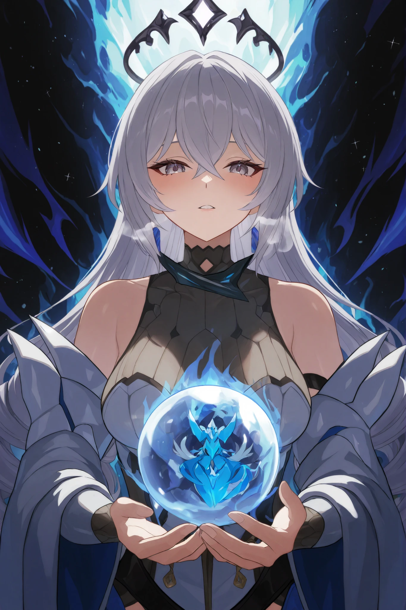 A woman, ((a leader of a fleet of intergalactic armies)), standing amidst the embers of battle, ((her white hair glowing bluish and a manifestation of her strength)), the greatsword in her hand emitting a bright contrast blue light representing the determination of its wielder, an intergalactic military uniform, a commander's hat indicating her capacity as a leader, against the background of a blue sun that marks the end of time. A masterpiece illustration, a light novel cover, best quality, best detail