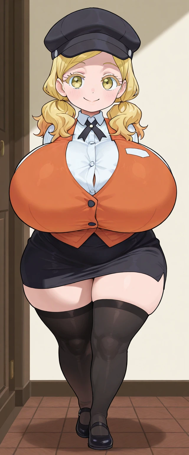 (masterpiece, best quality:1.2), cowboy shot, solo, 1girl, power \(csm\), sharp teeth, grin, looking at viewer, cross-shaped pupils, blue jacket, collared shirt, black necktie, black pants, wide hips, thick thighs, huge ass, enormous huge natural breasts, cleavage, mature mom, floating hearts, animification, pregnant, sitting.