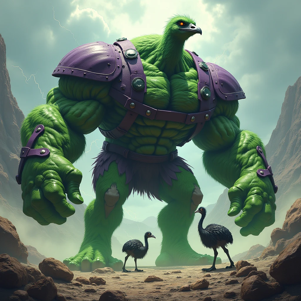 one giant muscular parrot fighting four men in the middle of a forest