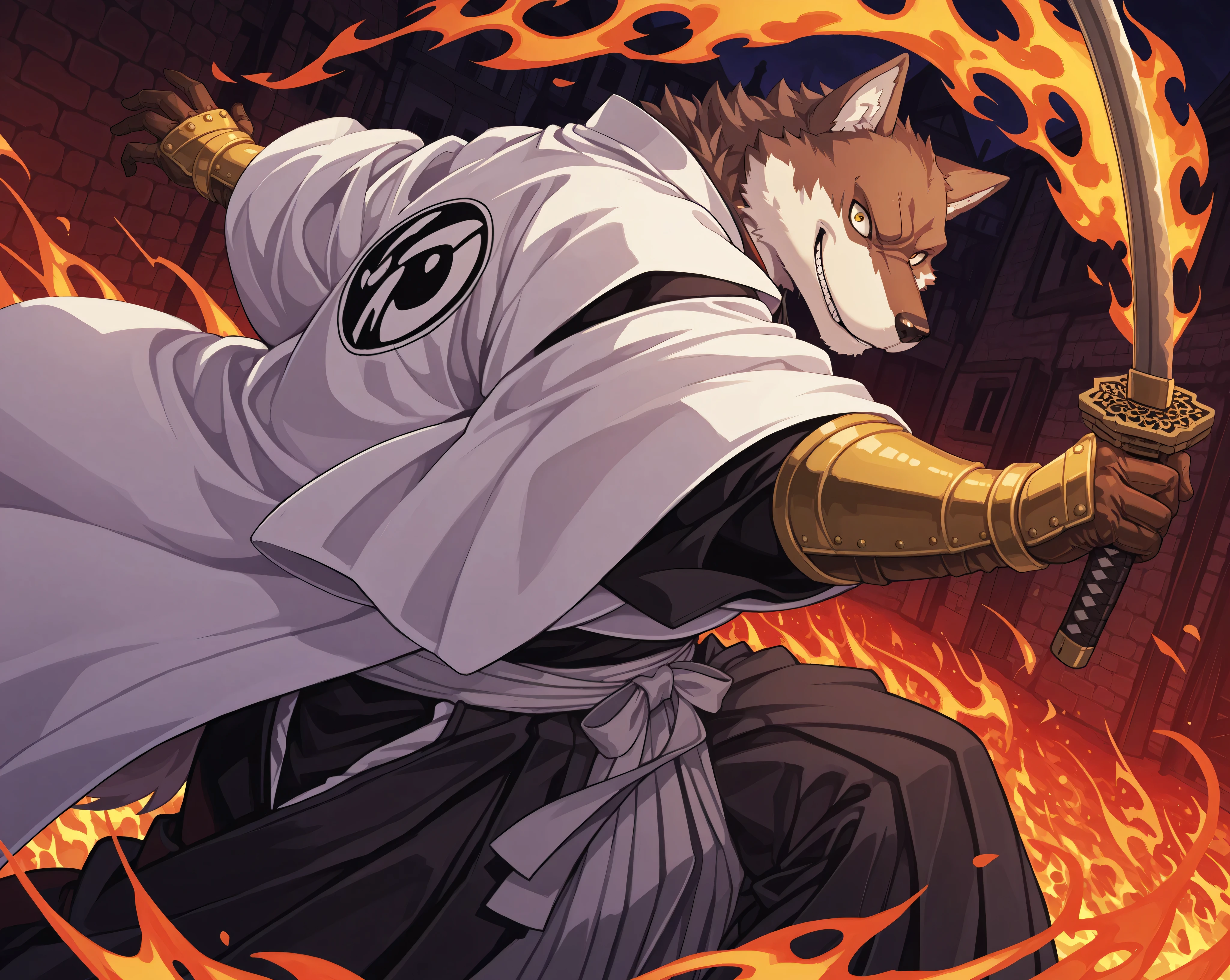 core_9, score_8_up, score_7_up, score_6_up, score_5_up, masterpiece,  furry, 
solo, male, wolf, Sajin Komamura,, 5 fingers, shinigami, shinigamim captain, black Kimono, hakama, white haori, golden bracers, elegant gloves, japanese Medieval  Kioto city,  Medieval City in flames, Kioto in flames, terror,, side view, side angle, action pose, holding katana, confident smile, calm, sharp, majestic, looking at viewer.
    