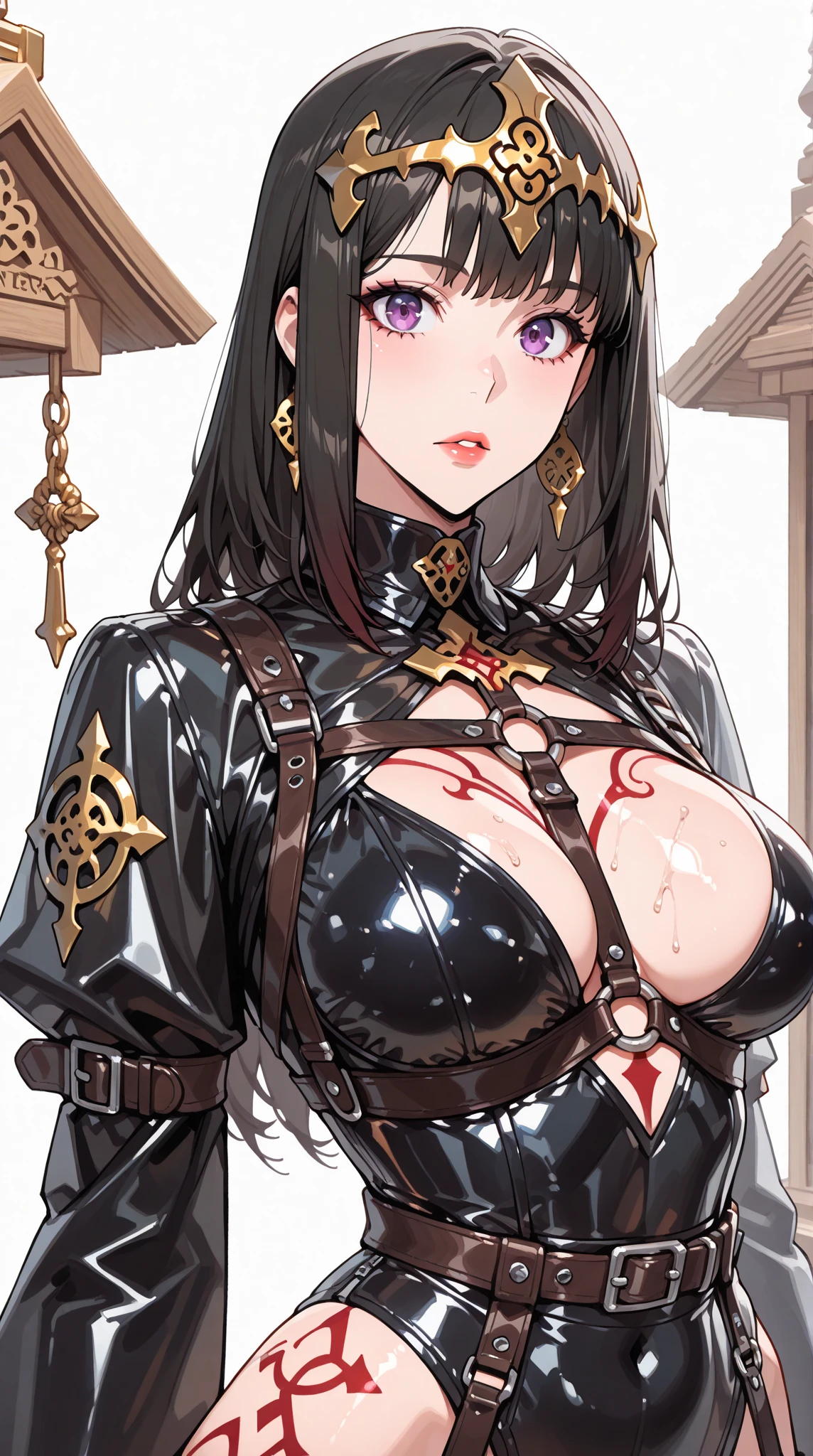score_9, score_8_up, score_7_up, source_anime, 1girl, jk, 15yo, srssky, very long hair, black hair, bangs, hair between eyes, yellow eyes, large breasts, skinny waist, slender body, wide hips, round breasts, soft skin,
nsfw, solo, cinematic angle, seductive pose,
(delicate eyes and face), cute, (full-face blush),
bdsm, ((wearing bondage straps attire)), bondage attire, bondage, chains, (nipple rings:1.1), (bondage collar:1.2), completely nude, sex dungeon, dark dungeon, motion lines, sound effects, (dark background:1.2),
masterpiece, best quality, very aesthetic, perfect face, perfect anatomy,
arms behind back, full body,