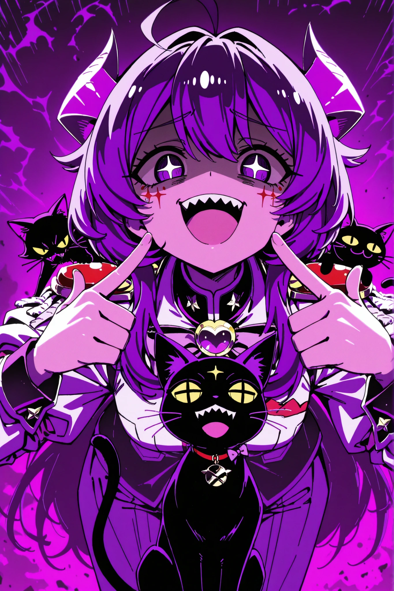 Utena Hiiragi_mahou_shoujo_ni_akogarete, 1girl, anime screencap, +_+, sharp teeth, upper teeth only, purple theme, black cat on her shoulders, ahoge, facial mark, finger gun, pointing at self, hiiragi_utena, evil laugh, shaded face, forward facing horn