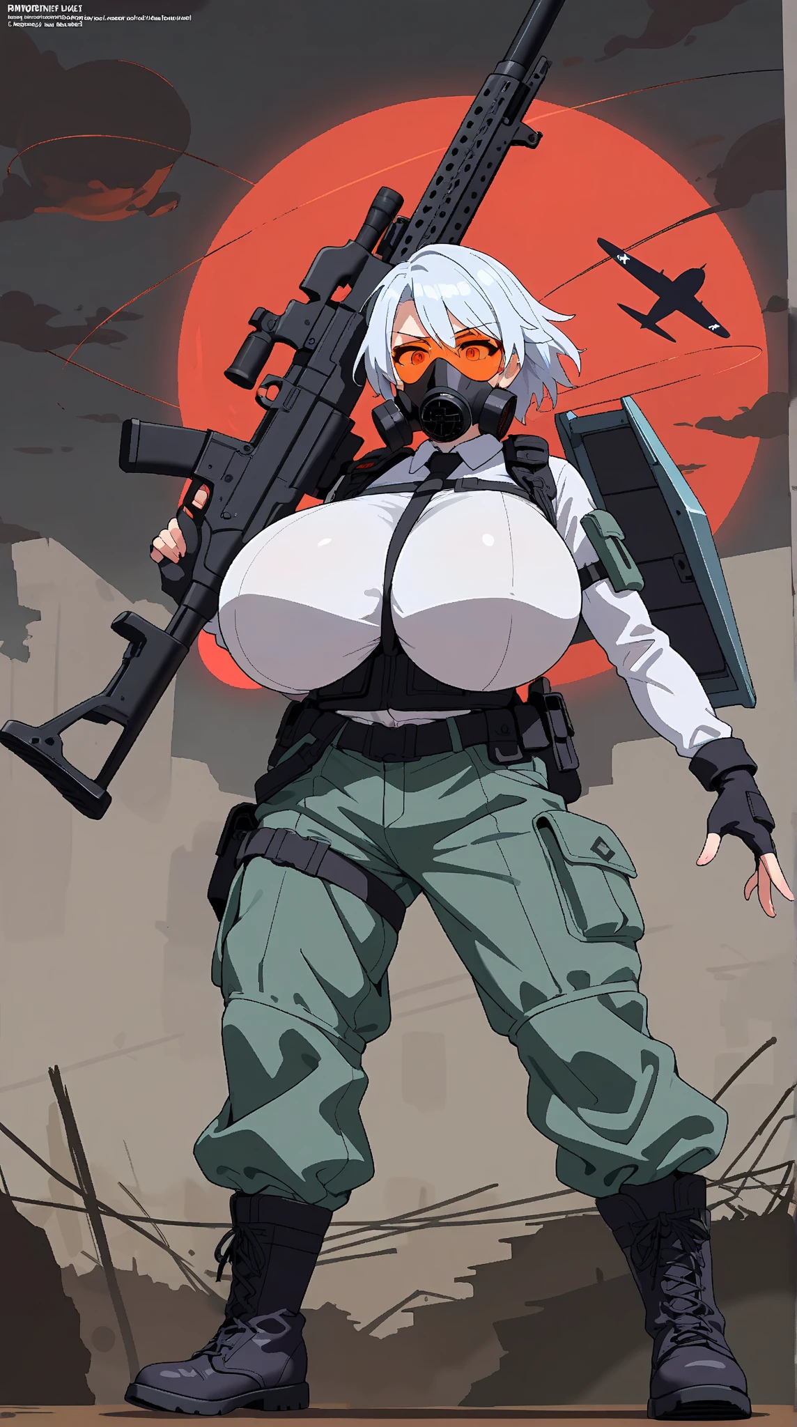 masterpiece, best quality, best quality drawn, (an anime girl in cyberpop jacket), a large number of zombies have appeared and are being attacked, (((While she is fighting zombies))), ((brown skin)), white hair, bob-cut, ((messy hair)), golden eyes(tsurime), long and thick eyelashes, melancholy expression, slender body shape, full-length, (insanely detailed), big breasts(exposed), sexy, tattered clothes, In town, High resolution, beautiful eyes(High resolution), beautiful face(ultra-detailed), key visual, concept art, like biohazard.