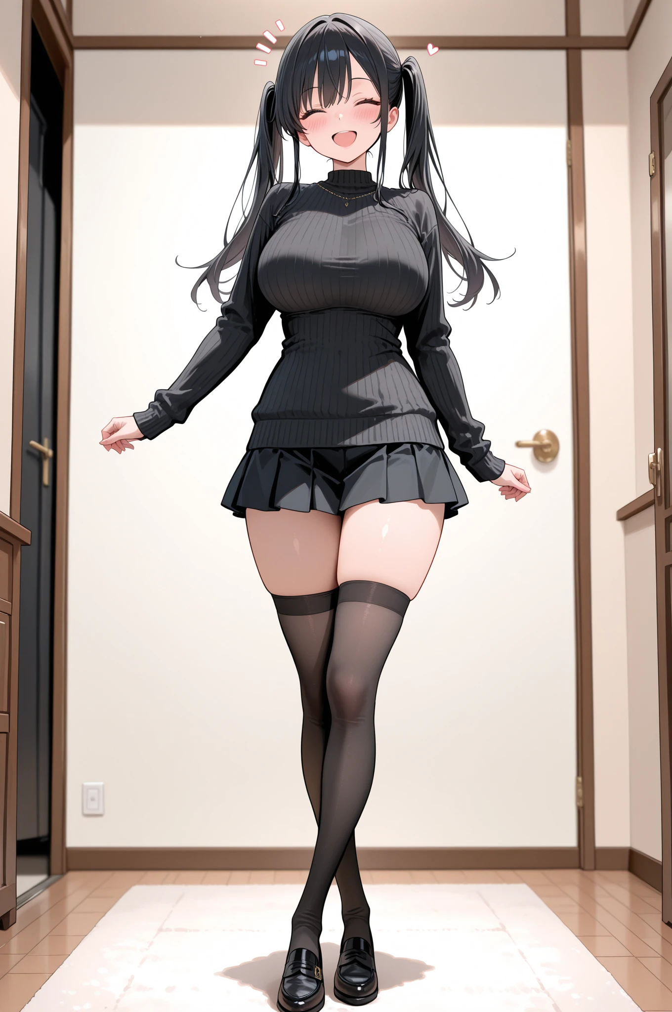 young girl, full length, completely naked, Without clothing, in black stockings, stands in the middle of a bright room, medium breasts, wide hips, Big butt