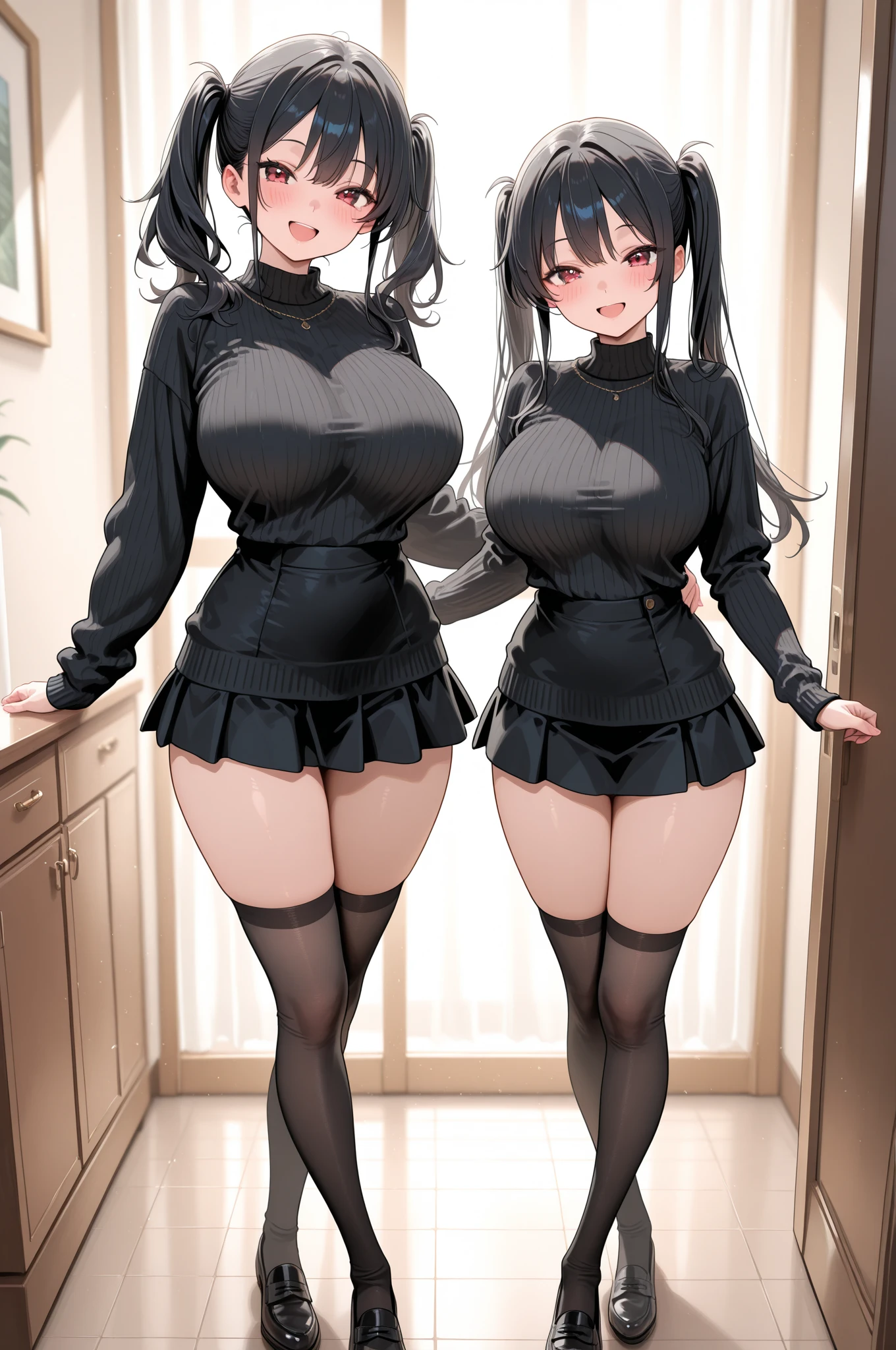 Two anime women of the same height kissing indoors, NSFW, Surreal 18-year-old beautiful girl, Anime 18 Year Old Beautiful Girl, Seductive Anime Girl, Kissing, Smooth Anime CG Art, ((Girl with black hair, Girl with Twin Tails, Cropped bangs, emerald eyes, Wear black knee socks, White lace pants)), nudde, Blushing, seducing smile, oppai, small curvy loli, [ 4 k digital art ]!!, ((with very massive breasts))