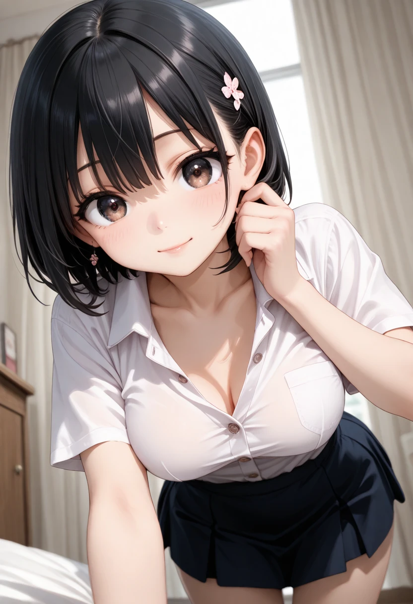 1 girl, blush, cosmetics, Yellow school uniform, whole body, wide angle, from above, garden,light, glow, thigh , clavicle, Willow Yao, (on the table), wallpaper,wet、Micro underwear that can be seen through clothes、short black hair,Smile,greet,Waving,hairpin,low collar,ditch,(((Waving,pray))),Under the cherry blossom tree,Heart-shaped neckline,Chest dew,bare legs,low collar口