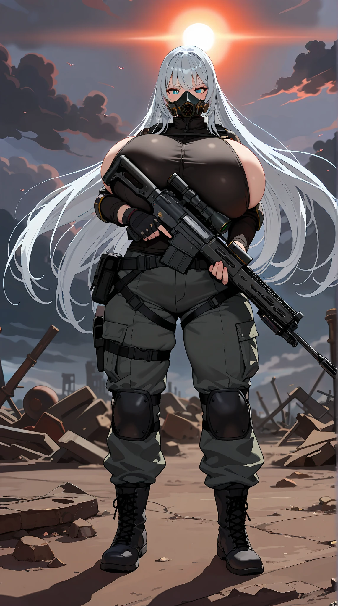 thick hips, thick thighs, platform heels, high cut leotard, huge breast, thin waist, ponytails hair, weapon, pale skin, gun, angry look, scream, thick body, military camouflage, fighting,