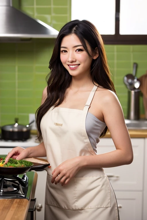(A masterpie、beste Quality、ultra realisic、flawless anatomy、Symmetrical limbs、Five fingers of a person、Beautiful Korean Woman、goddess of Japan、Big Chest、Double eyelids、Lustrous skin、Arms straight down)、Woman posing in kitchen wearing apron from naked top、Beautiful Asian Woman、Smile, Apron on sexy skin, Sexy angles on camera, Realistic kitchen、1 photo from the knee up