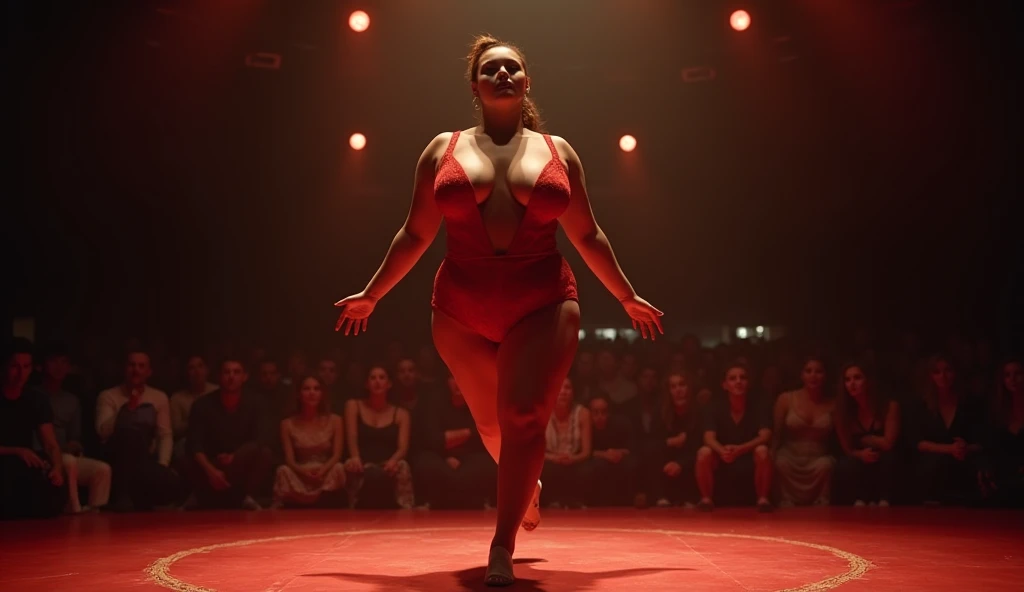 (Elizabeth Gillies), (micro bikini), (tight ponytail), (on stage), (full body), (round breast), (red lipstick)