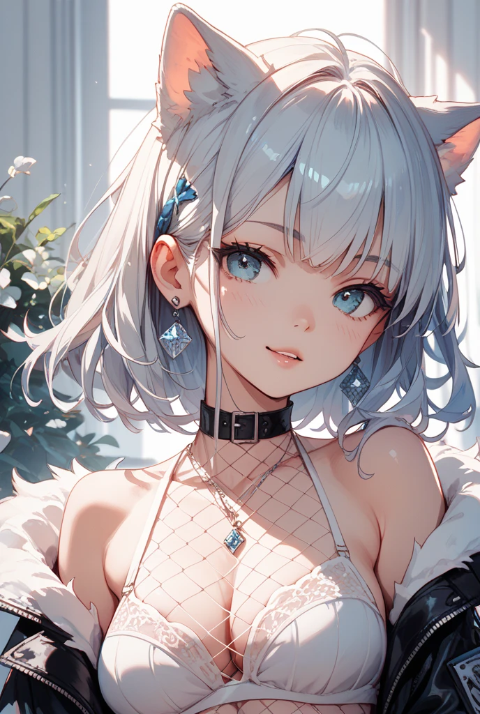 MILCT3, MILCT3up to, up to, girl, heterochromia, Cat's ears, skirt, hair ornament, Glasses, pink hair, beige hair, Blue eyes, Pink eyes, Tail, fingerless gloves, gloves, brown open jacket, tie, mouth open, face close up