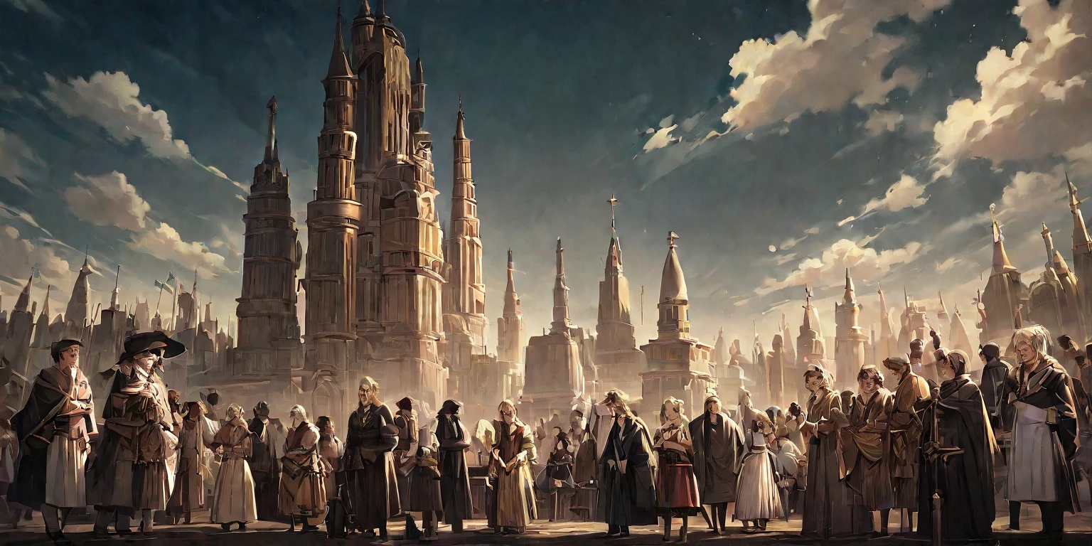 5 people looking ahead, pain, fear, palaces, castles, medieval western-style towns, squares, crowds, whole bodies, looking at a place