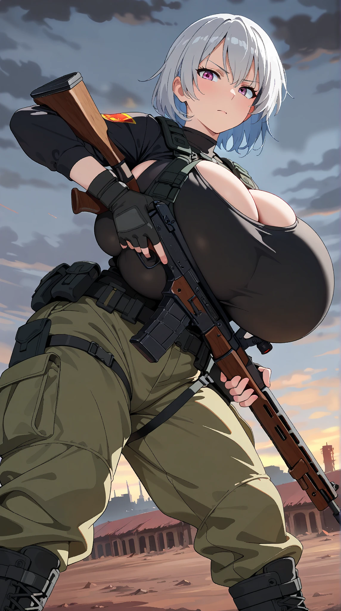 1 skinny girl, solo, light blue hair, (red and purple heterochromia), (red left eye and dark purple right eye:1.4), bending back, looking at viewer, BREAK, black plunging neckline short dress, dark yellow cropped jacket, black thighhighs, BREAK, (bouncing unaligned huge breasts:1.5), cleavage, very short torso, (inconceivably narrow waist), thin long legs, BREAK, holding a spear, BREAK, nsfw, (show off crotch:1.4), (excessive pussy juice:1.3), BREAK, desert, desert storm, strong wind, rocks at background