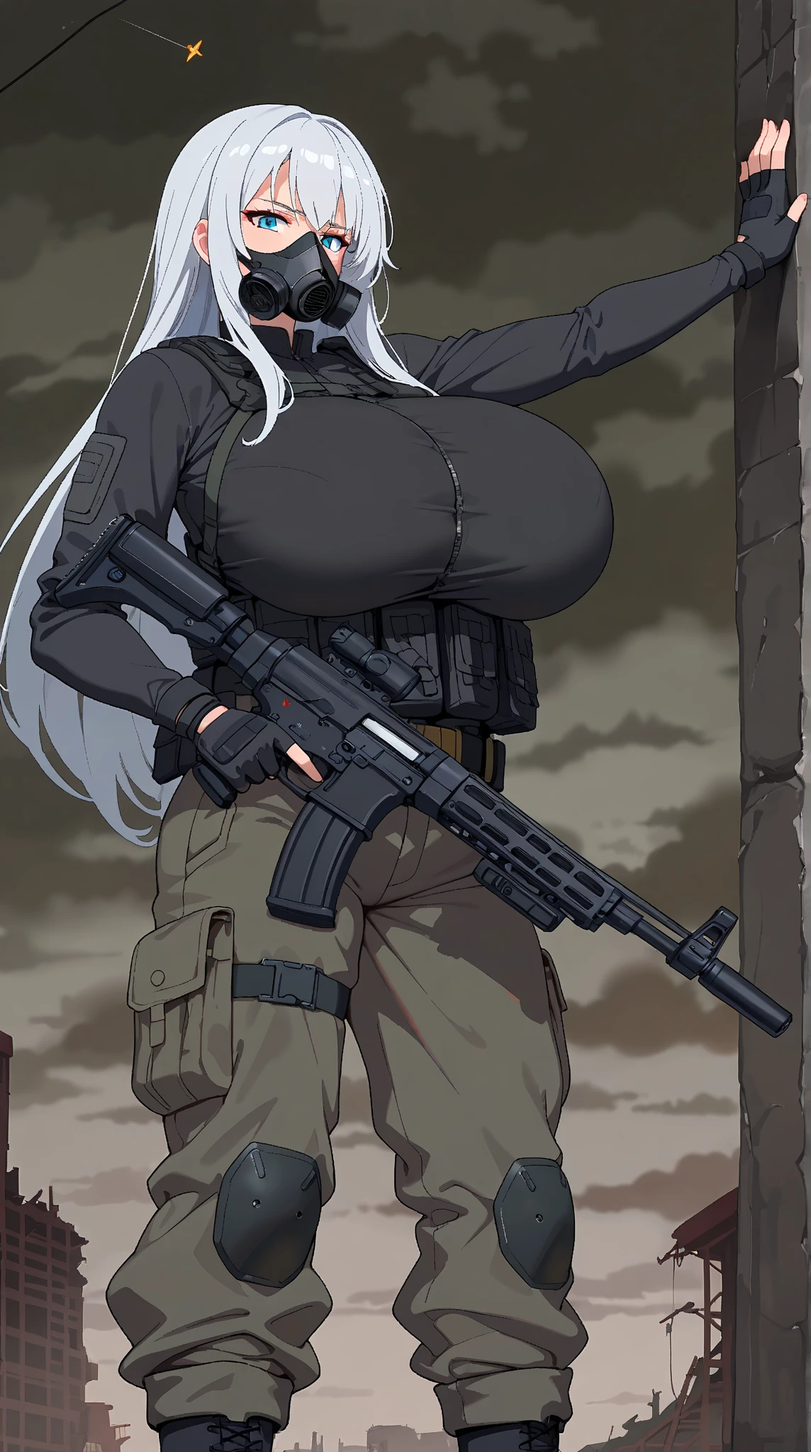 best quality, masterpiece, detailed, perfect face, mature face, NSFW, puffy nipples, breasts, Anime girl, shirtless, Abs, low waist, showing groin, midriff, v line, wearing boots, standing, not wearing shirt, bare skin, almost naked, cargo pants, sweaty, wearing hat, wearing shoulder gun holster