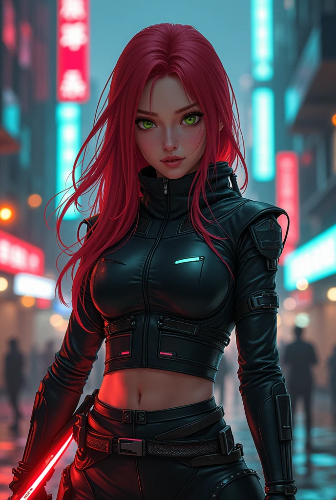 A girl with red hair and black clothes standing in a destroyed area、Cyberpunk Girl、female Cyberpunk Girl、Digital Cyberpunk、Cyberpunk art、digital Cyberpunk art、Cyberpunk Angry Gorgeous Goddess、Cyberpunk art、ハイパーリアルなCyberpunk Style、Cyberpunk artスタイル、Cyberpunk Girl、Cyberpunk Style、Modern cyberpunk、Cyberpunk style outfit