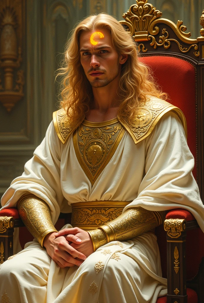 An illustration type image of a man, golden hair, fit, with muscles, Very sexy and handsome, sitting on a proud throne, with a golden crown, green eyes, Naked with a white sheet covering himself