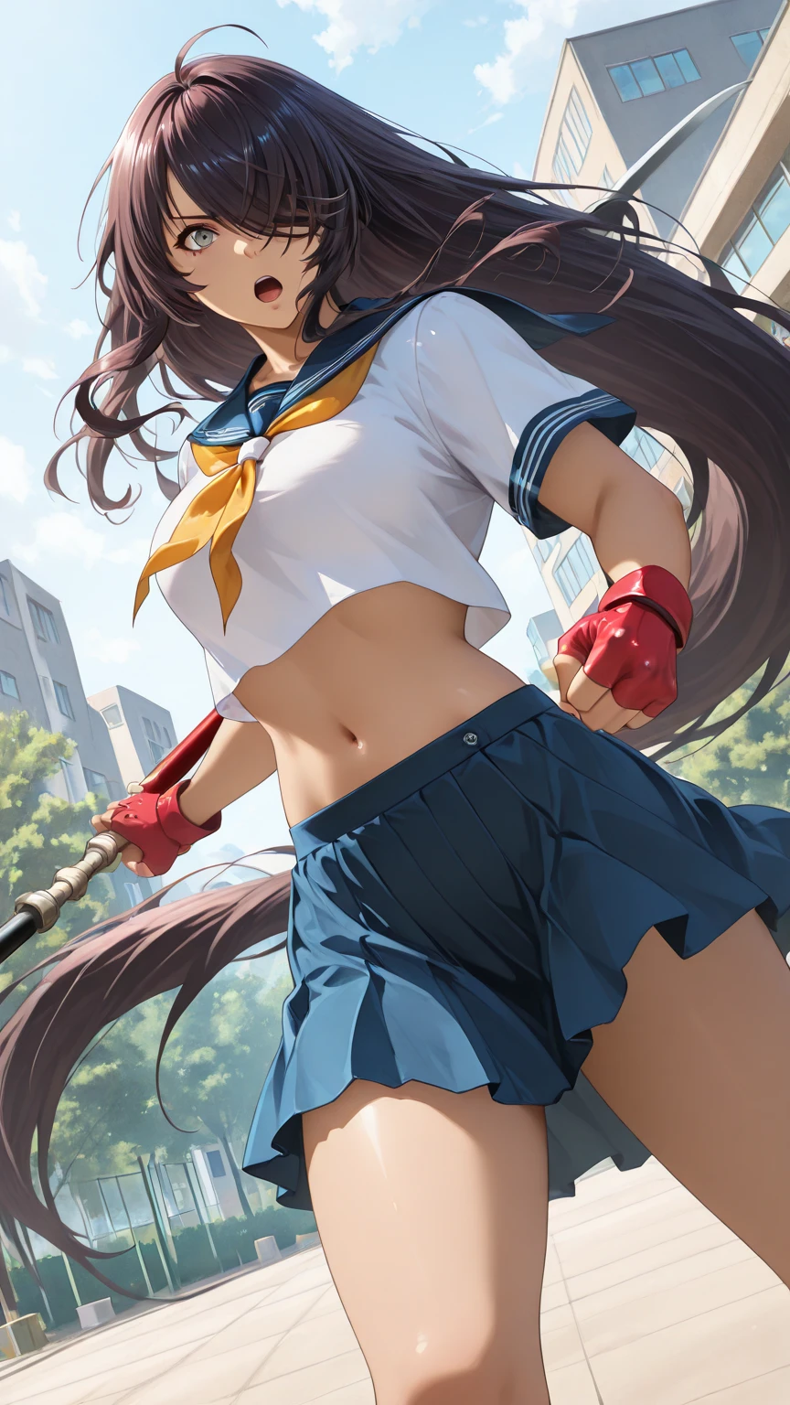 mizuki,small breasts, (dark-skinned female:1.2), (dark skin:1.2), two side up, very long hair, brown hair, hair between eyes, hair ribbon, hair rings, pink eyes,((Sailor Moon: 1.1)),(no bra,underboob:1.1),(sweat gleaming skin:1.1), outdoors,sunlight, spotlight effect,bright sky, blue sky with clouds,strong wind, (old castle),(highres, high quality:1.1), intricate details, cinematic lighting, 1girl,(red blush,angry),dynamic fighting pose,,dynamic angle,from below,cameltoe,show off panties,