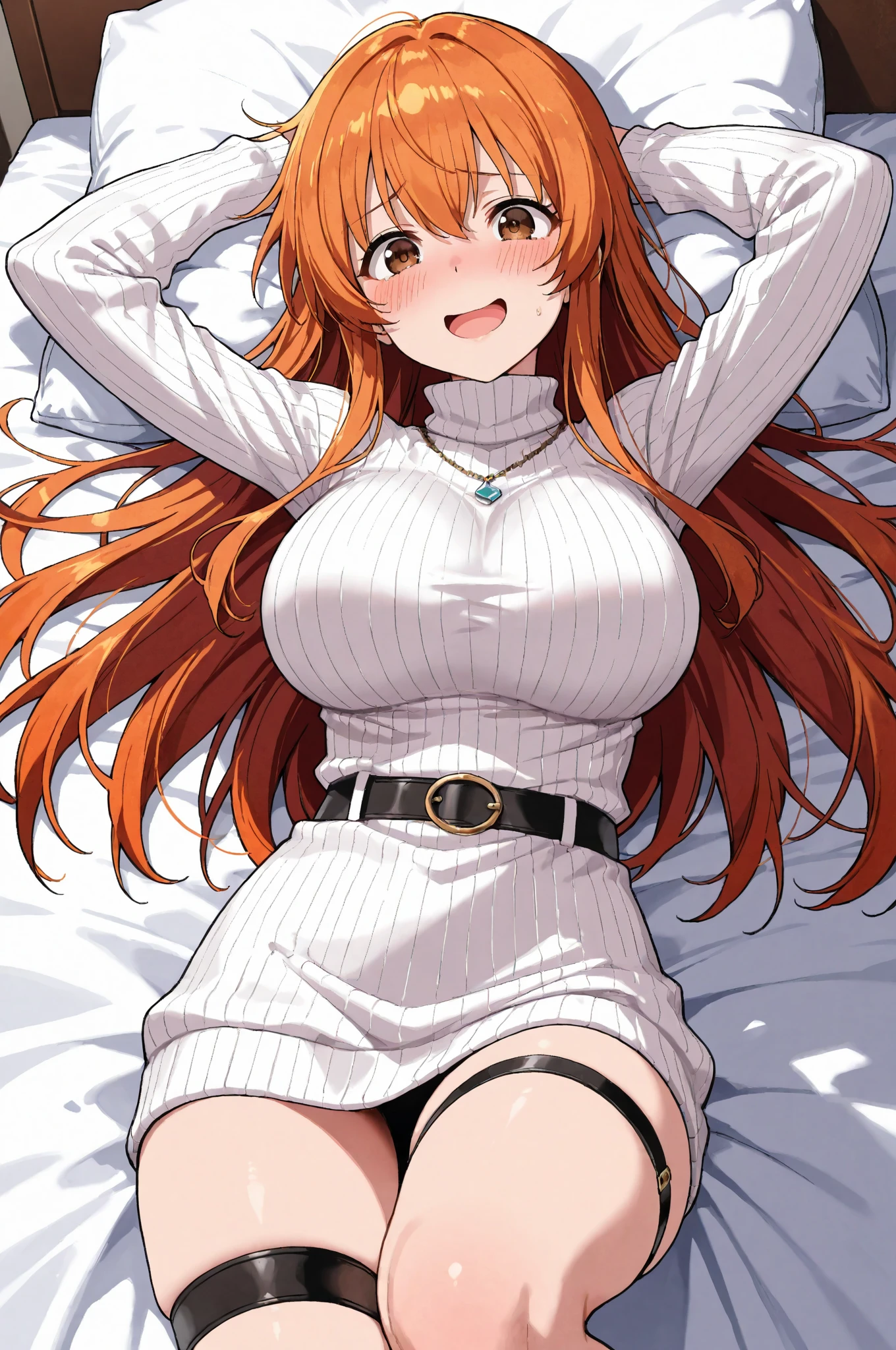1girl, cowboy shot, large breasts, (indoors:1.2), (bedroom:1.2), nose blush, white panties, sitting,
mikami, green eyes, red hair, long hair, bangs, sweater dress, turtleneck, <lora:mikami_reiko_pony_ver1:0.7>, score_9, score_8_up, score_7_up, BREAK source_anime, best quality, masterpiece, uncensored, solo,