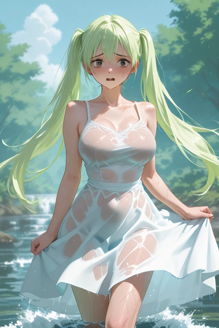Long pale green hair scattered，dual horsetail，Pink eyes，Loving pupils，girl，huge tit，White sports shorts，white short sleeve，Clothes drenched in sweat，Hold your hands between your chest，