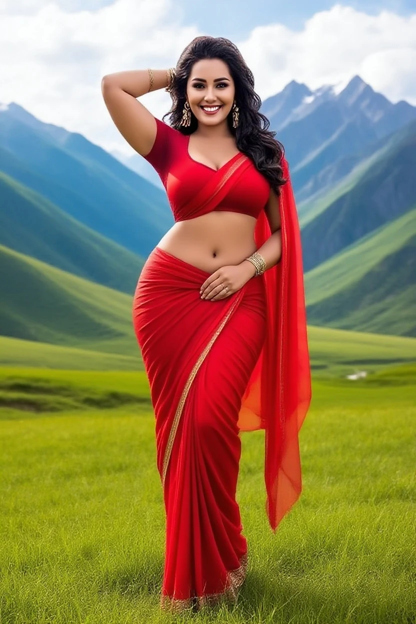 A beautiful sexy woman dancing with wear wear saree in front of Himalaya valley scenery with high regulation & contrasting. Dance music play like dj sound.
