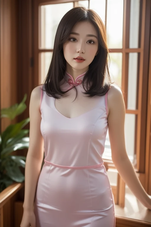 (highest quality、8k、masterpiece）、Pink satin mini skirt Chinese dress、White panties are visible on her knees、（china clothes in mini skirts:1.4）,（White panties:1.5)、17 year old slender beauty，Flashy makeup using red eyeshadow，Open your mouth wide、Yōho、double eyelid，Delicate medium cut ponytail，squat、Spread your legs，　White pantiesーを見せる,Her white panties are clearly visible.、Sexy Chinese dress and silk mini skirt，The best smile，She is wearing a sexy short colorful cheongsam。。，Cheongsam with deep slit，Draw hands correctly，The background is the bright interior of a Chinese restaurant...，