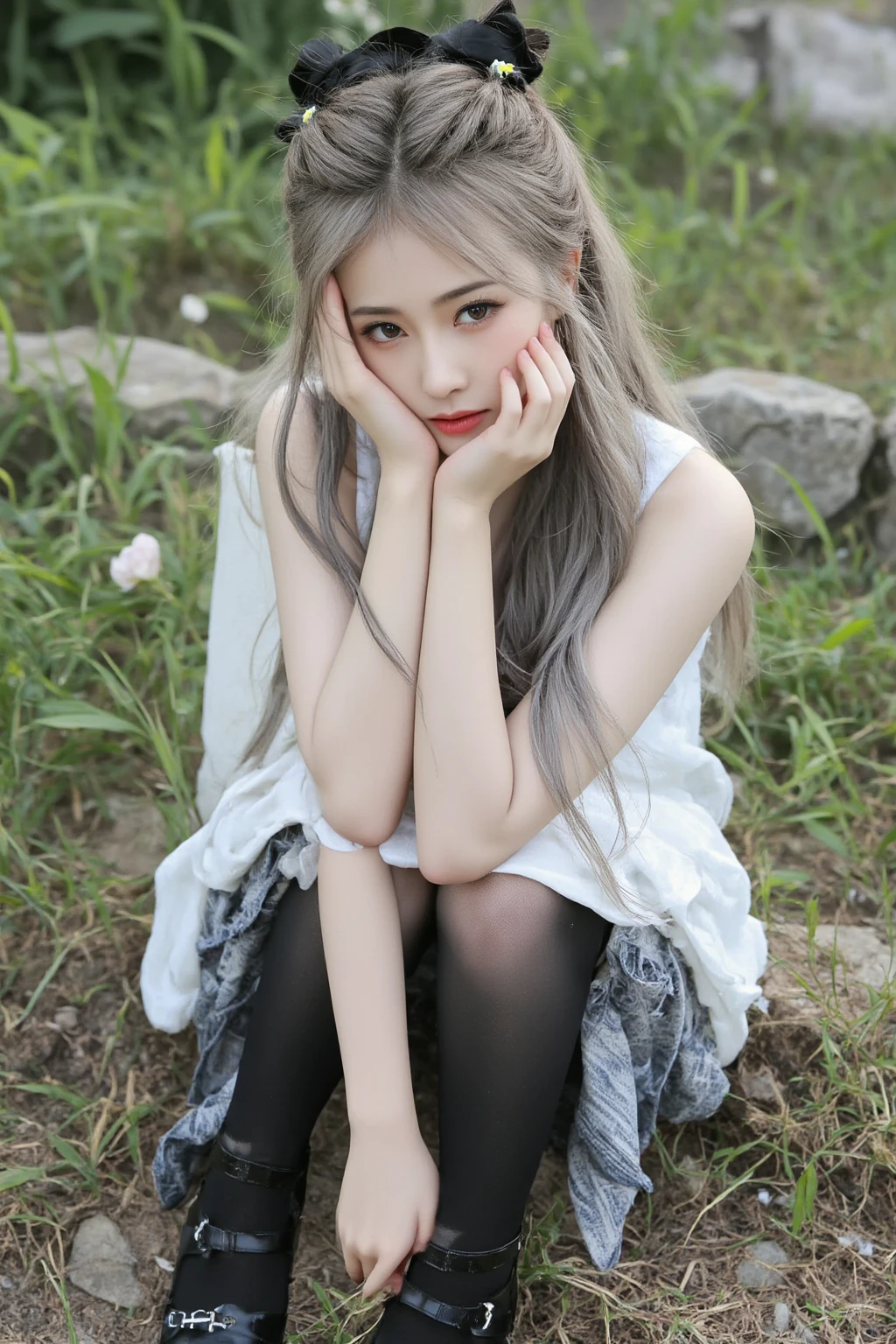 Cute girl sitting on the ground with her head in her hands, visual of a cute girl, the cute girl is crouching, elf girl, pretty character, female pretty character, an elf, high quality realistic artstyle, a portrait of an elf, young pretty girl. Realistic.