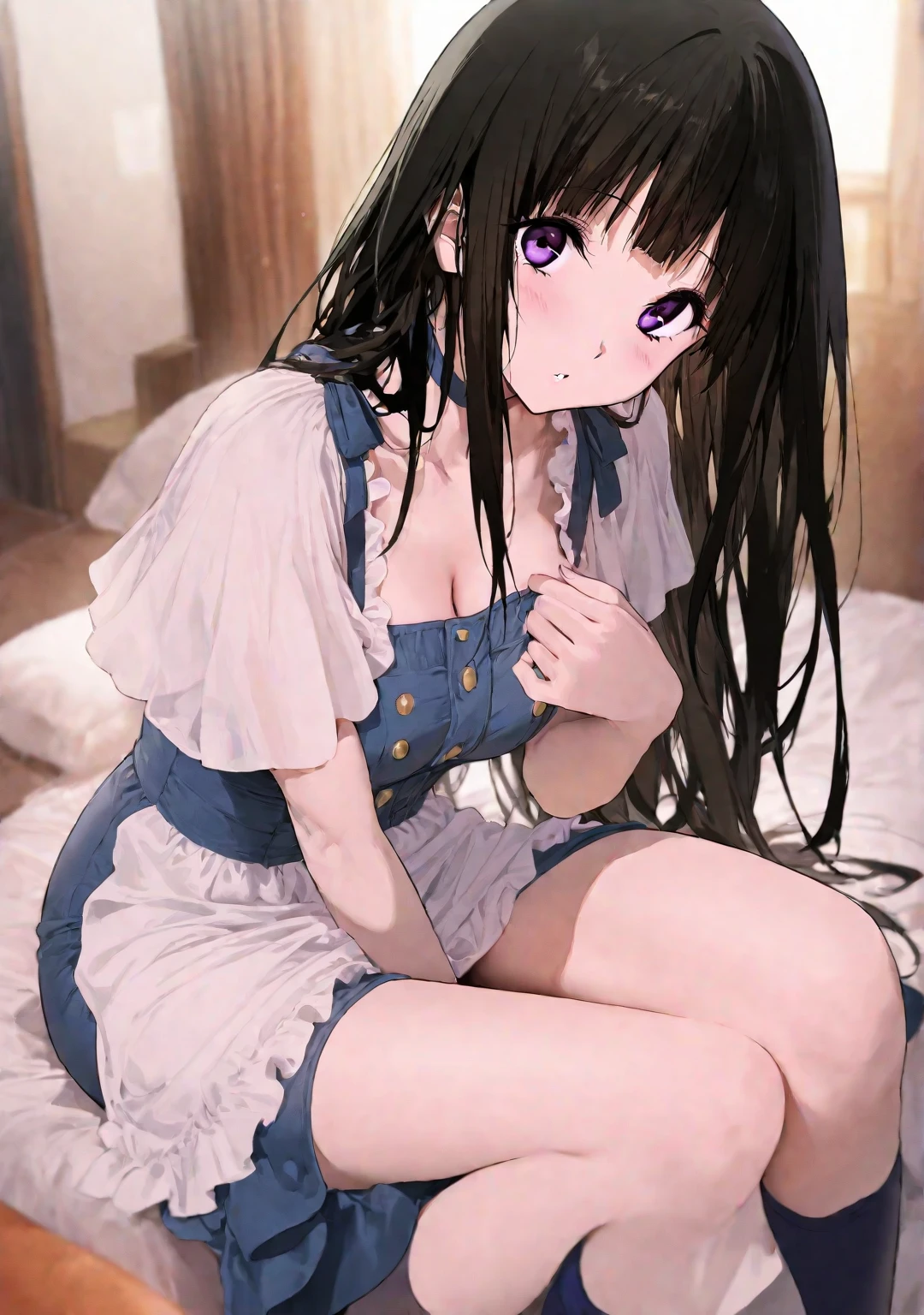 Black mini skirt、White panties、White 、Blushing、Glamorous expression、
