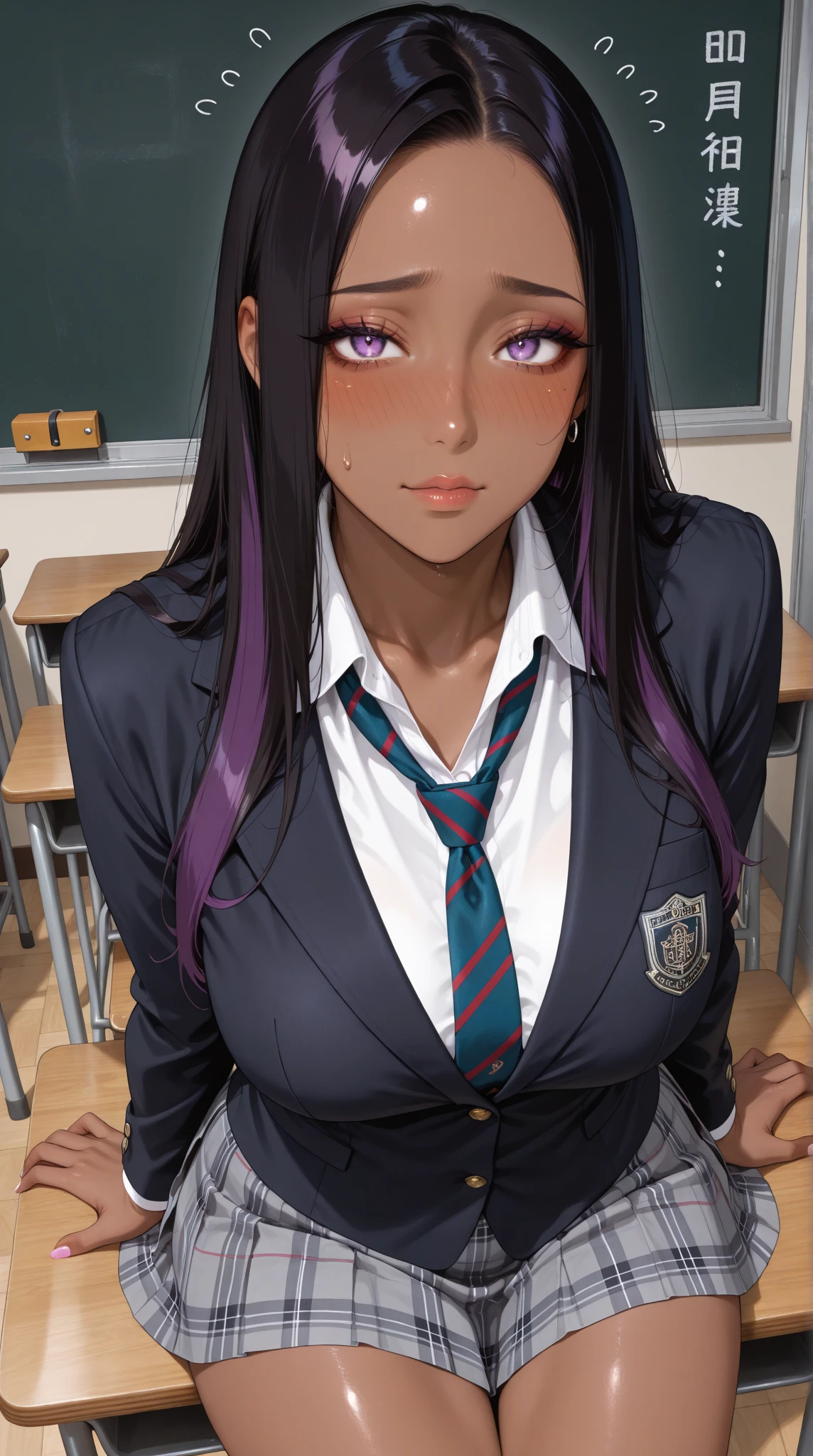 (masterpiece, highres, best quality:1.3), 8K, highly detailed, intricate, colorful, vibrant image, sharp focus, digital blending, 4K, trending on pixiv Ingrid, ((school uniform)), solo, mature female, 40yo, milf, curvy, (dark skinned female:1.15), dark skin, posing, classroom, table, chair, sitting, (expressionless:1.2), looking at viewer, cowboy shot, pink hair, very long hair, forehead, hair intakes, purple lipstick, makeup, mole under mouth, yellow eyes, perfect eyes, perfect face, ultra detailed hair, ultra detailed face, earrings, ultra detailed lips, large breasts, ultra detailed lipstick、Blushing、Pleasure