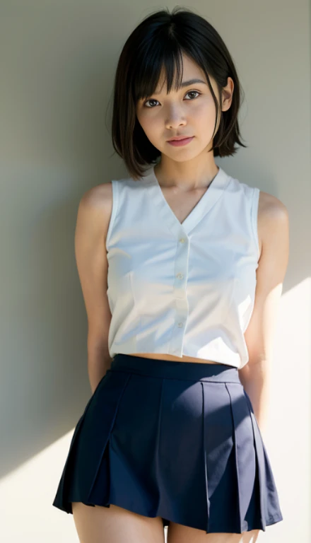 One girl,summer,Inside the room,Bed,Standing,Black Hair,Short Bob,Put your hair on your ears,Navy blue tank top,skirt,laugh,6th grade elementary school,Refined,Pure school,front,Small bulging lines on the chest,Look here,transparent, Soft Light,(masterpiece, Highest quality), Structure of the film, Like a movie
