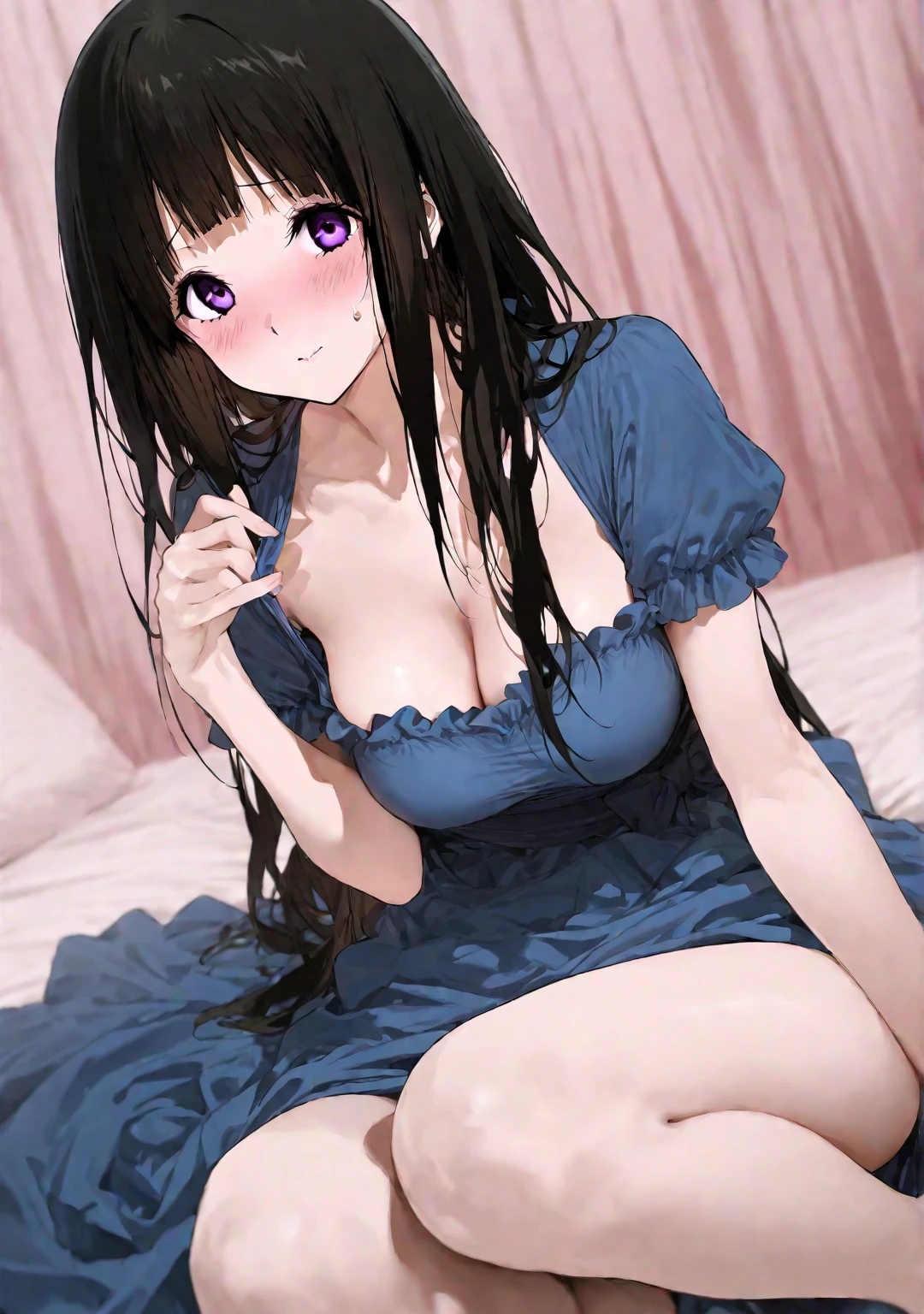 kotegawa yui(woman\(student, 20-year-old, JK, Long black hair floating, Space-colored eyes, White bra、White underwear, Warm skin) Tsundere、Very embarrassed、,Inside the room、On the bed、(Transparent lines shine like prisms here and there in the sky),Very troubled expression、I am facing an incredibly difficult problem、