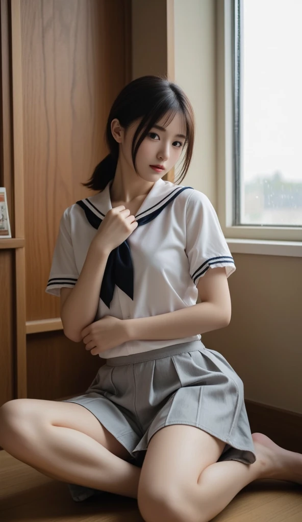 (close up:1.5), raw ((Portrait)), (Best Quality), (Realistic, Photorealsitic:1.3), Best Quality, masterpiece, extremely delicate and beautiful, (cleavage:1.3), Extremely detailed ,nffsw , amazing, finely detail, Highly detailed ticker Unity 8k wallpaper, huge filesize , Ultra-detailed, high resolution, Extremely detailed, Strong winds are blowing, low pony tail, (((a sailor suit))), (((Junior High School Uniforms:1.2))),((Navy Blue Check Pleated Skirt Long Length:1.4)), (((a high school student))), slender, (tiny chest:1.6), Dynamic Pose, dynamic angle, ((nffsw)), Hair blown in the wind