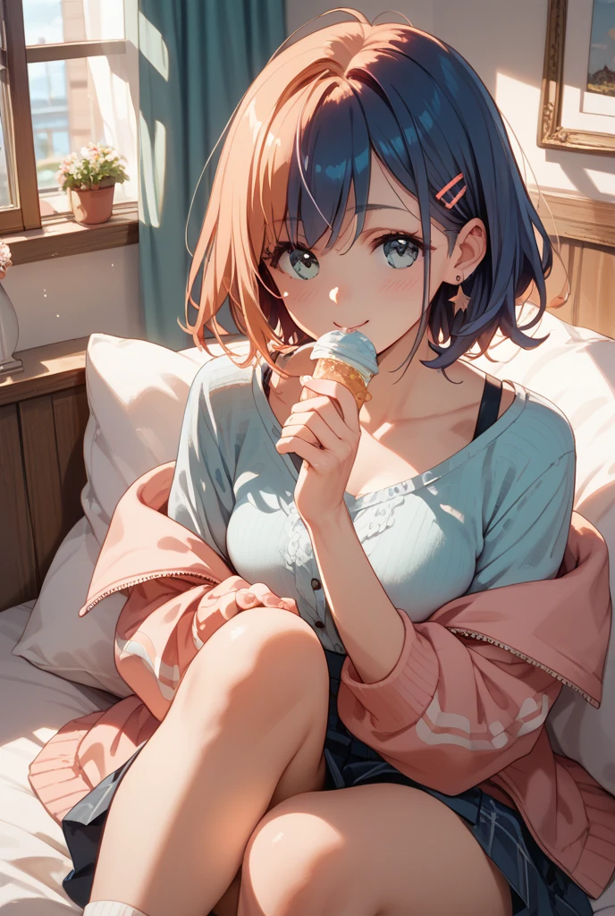 Mea kurosaki,Mea Kurosaki,Redhead,Long Hair,Long braids,Purple eyes,smile,Open your mouth,Black Tank Top,Black string underwear,barefoot,Sweat,Holding ice cream in both hands,Eating ice cream,Sitting on the sofa,whole bodyがイラストに入るように,
break looking at viewer, whole body, 　　　　　　　　break outdoors, room, 　　　　　　　　　　　　　break (masterpiece:1.2), Highest quality, High resolution, unity 8k wallpaper, (shape:0.8), (Beautiful and beautiful eyes:1.6), Highly detailed face, Perfect lighting, Extremely detailed CG, (Perfect hands, Perfect Anatomy),