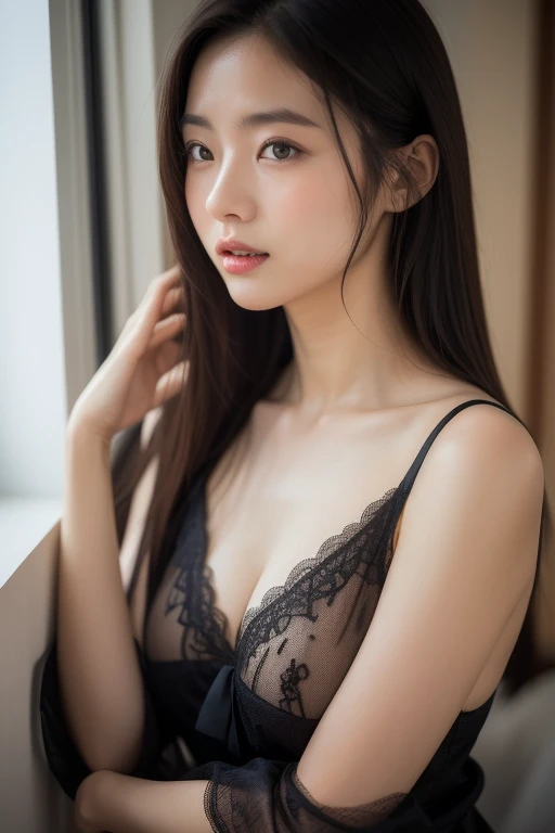 (8k, RAW Photo, Best Quality, Masterpiece:1.2), Ultra Detail, Super Resolution, (Realistic, Realistic Photo:1.37), Portrait, High Detail RAW Color Photo, Professional Photo, Extremely Detailed and Beautiful, Extremely detailed, 8k wallpaper, amazing and detailed, huge file size, official art, highly detailed CG unity 8k wallpaper, highly detailed beautiful girl, highly detailed face, highly detailed eyes, highly detailed skin, highly detailed fingers, highly detailed nose, very detailed detailed mouth , perfect anatomy, highly detailed background, highly detailed clothes, 1girl, (20:1.2), 20s, cute girl, realistic body, , fair skin, glowing skin , slim body, handsome body, black hair , short hair, (blunt bangs:1.2), smile, cute, youthful, cute face, realistic face, delicate eyes, drooping eyes, lingerie, see-through, earrings, looking at viewer, cowboy shot, facing front, standing posture, Contraposto, dynamic lighting, very large breasts, cowboy shot